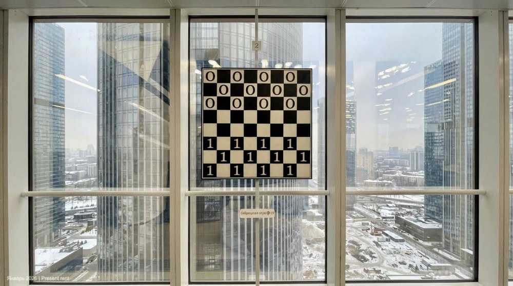 Шахматная доска с черно-белыми клетками на фоне больших окон, за которыми виден городской пейзаж с высотными зданиями и снежным покрытием.