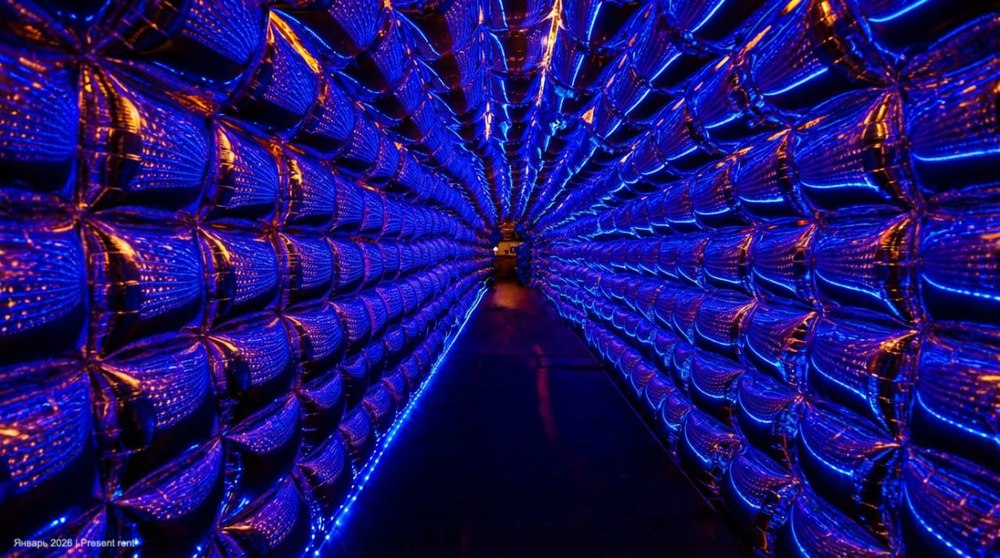 Интерьер современного коридора, освещенного синими и оранжевыми огнями, с отражающими поверхностями.