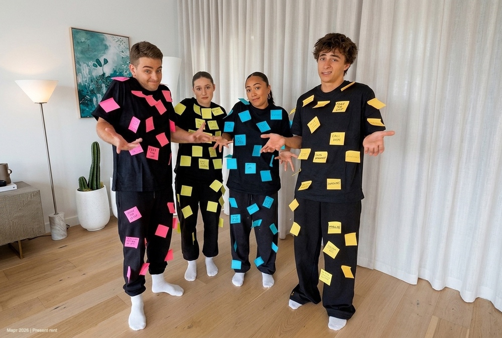 Четыре человека в черной одежде с липкими заметками на телах, показывающие жесты руками. На заднем плане светлая комната с растением и картиной.