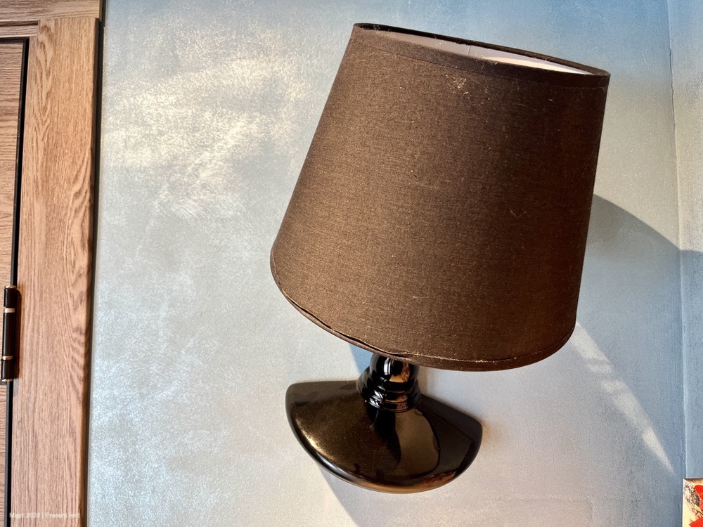 Настенный светильник с черным абажуром на фоне голубой стены.