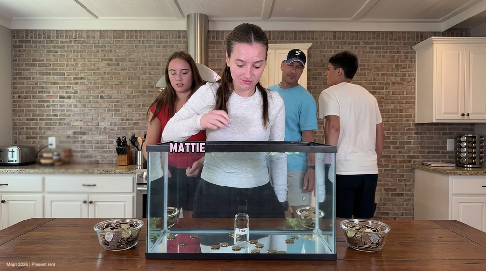 Четыре человека в кухне, один человек стоит за стеклянным аквариумом с монетами, другие смотрят на него. На столе также лежат чаши с монетами.